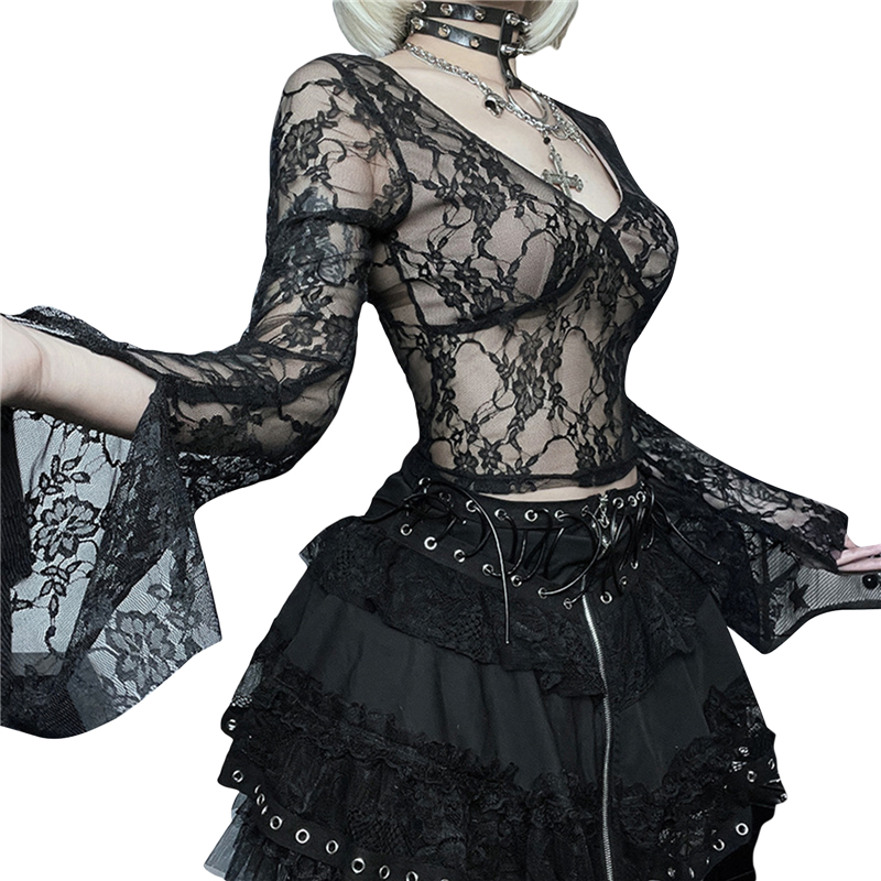Cyber y2k Tops Women Aesthetic See Through Floral Lace Flared Long Sleeve T Shirt 2000s Goth Grunge Clothing Streetwear