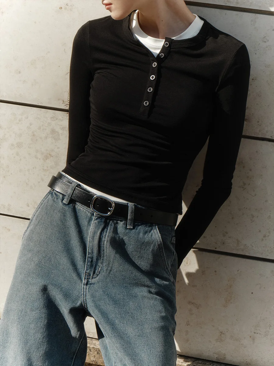 Spring Casual Patchwork T-shirt Pullover For Women Long Sleeve High Waist Inner Slim Y2k Top Clothes Female Solid Tee Top