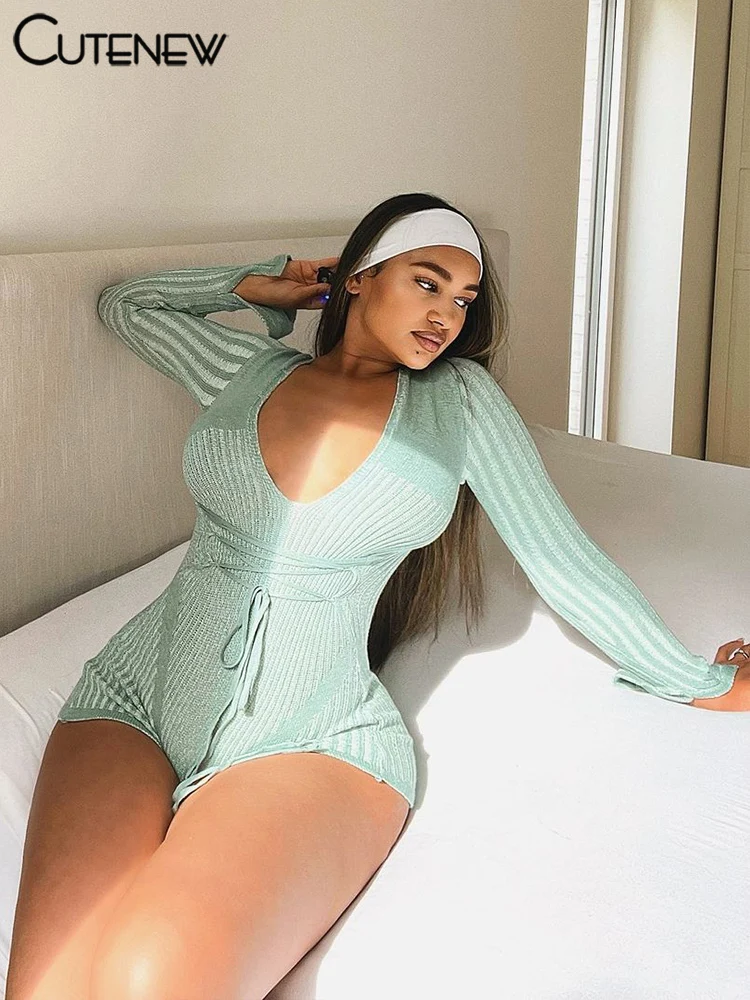 Stripe Knit Women Playsuits Classic Fashion Full Sleeve Low V-neck Bandage Slim Rompers Crochet Women Mujer Attirewear