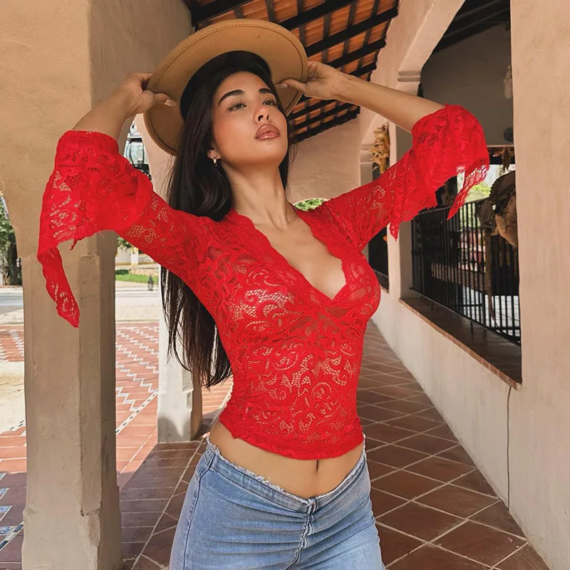 Lace See-Through Sexy Y2k Top T-shirt Women V-Neck Patchwork Hollow Out Fashion Cropped Top Night Club Clothes Crop top