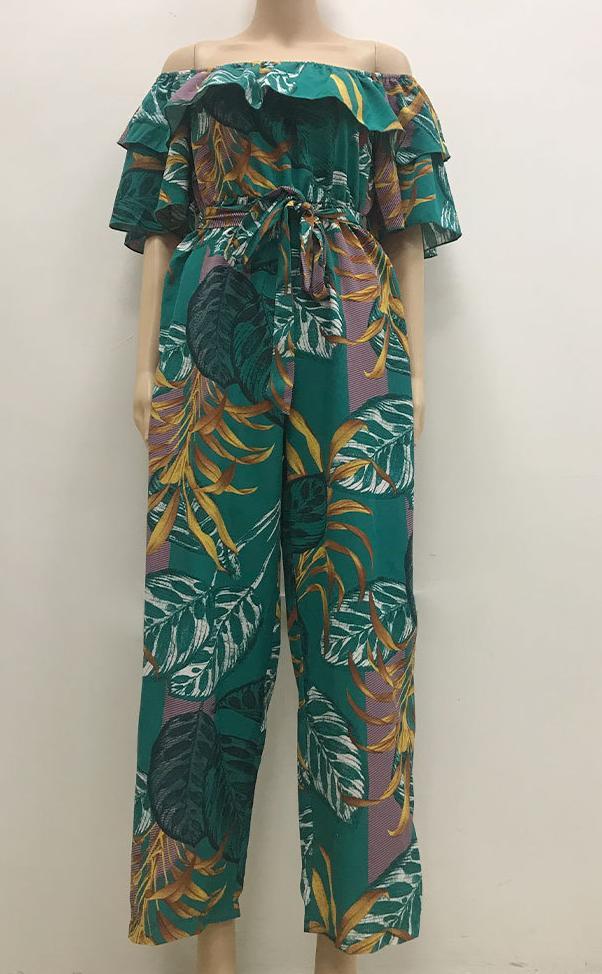 Women Clothing Fashion off-Shoulder Floral Jumpsuit Summer Short Sleeve Chiffon Vacation Beach Jumpsuit