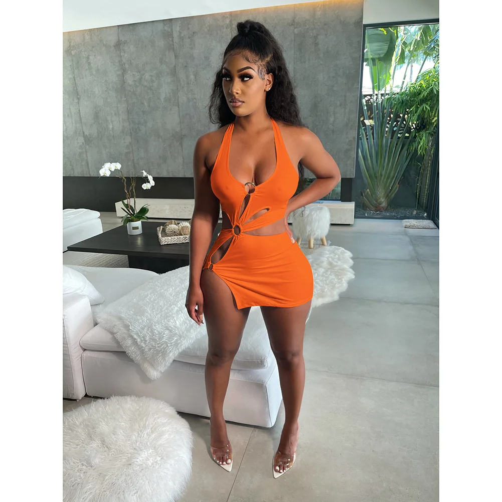 European and American women's Y2K milk silk solid color short skirt sexy sleeveless hollow out dress