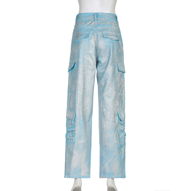 Women Clothing Metallic Coated Fabric Bright Silver Jeans Workwear with Pocket Casual Pants Straight Leg Pants Sets