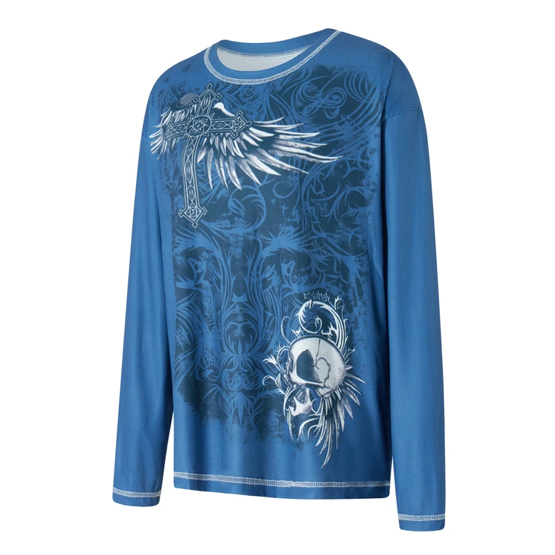 2000s T Shirt Graphic Clothes Punk Gothic Aesthetic Women Printing Round Neck Long Sleeve Tops y2k Egirl Tee Streetwear