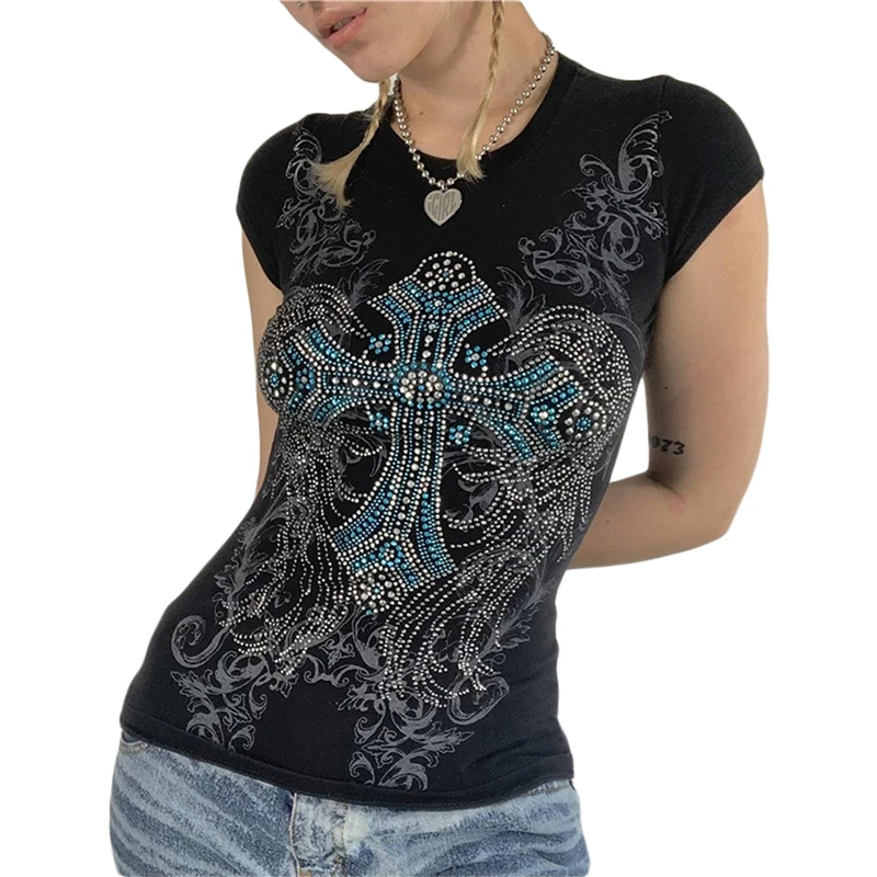 Rhinestone T Shirt y2k Aesthetic Fairy Grunge Cross Wings Pattern Short Sleeve Tops Casual Graphic Tee 2000s Streetwear