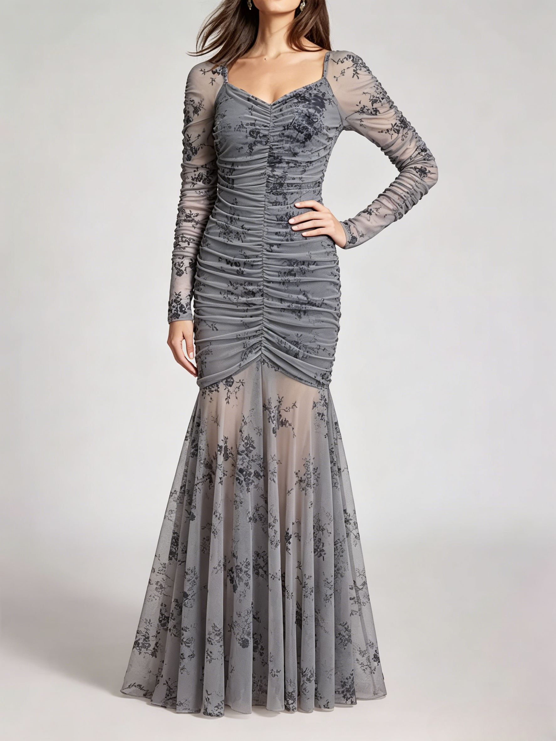 Party Dress Maxi Light Apricot Stand Collar Pleated Long Sleeves Printed Casual Dress