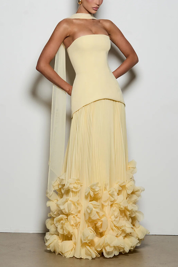 Serafina Strapless Back Lace-up Handcrafted Floral Appliqués Pleated Hem Gown Maxi Dress