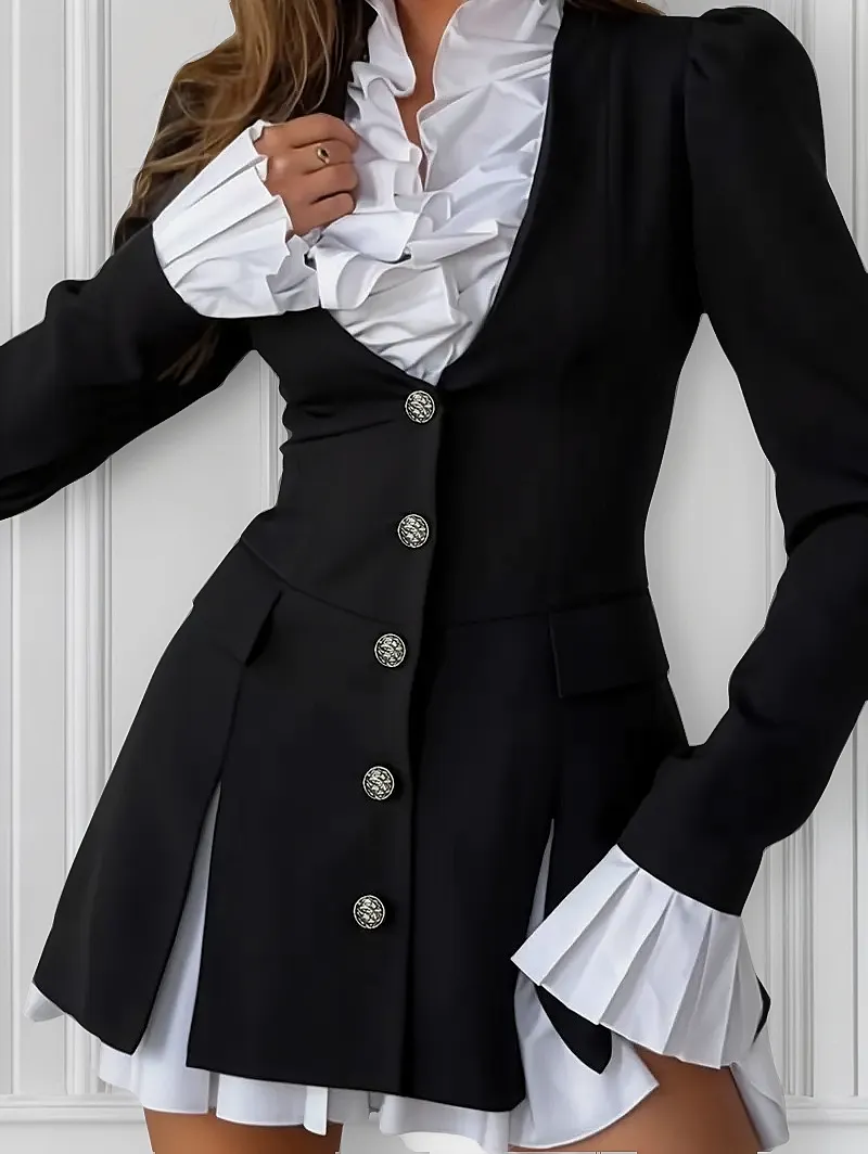 Altair Contrast Ruffled Shirt Patchwork Button Pleated Blazer Mini Dress