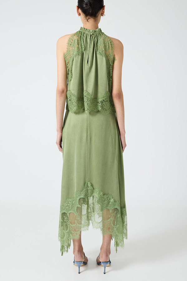 Modern Muse Satin Lace Trim Pleated Neck Top and A-line Irregular Slit Skirt Set