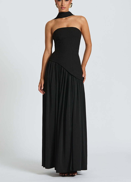 Strapless Back Lace-up High Slit Splice Maxi Dress