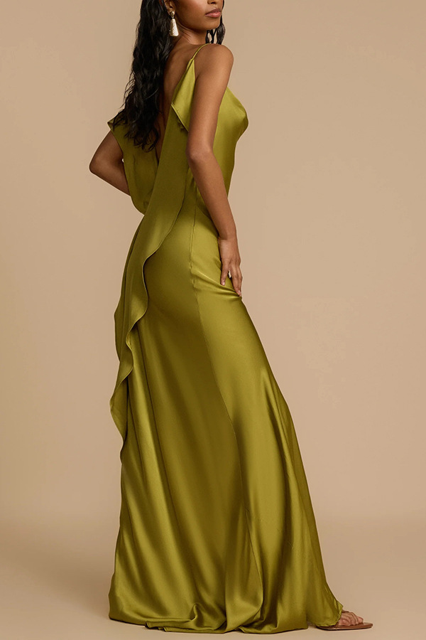 Evening Date Satin Cowl Neck Drape Ruffle Backless Bias Cut Party Maxi Dress