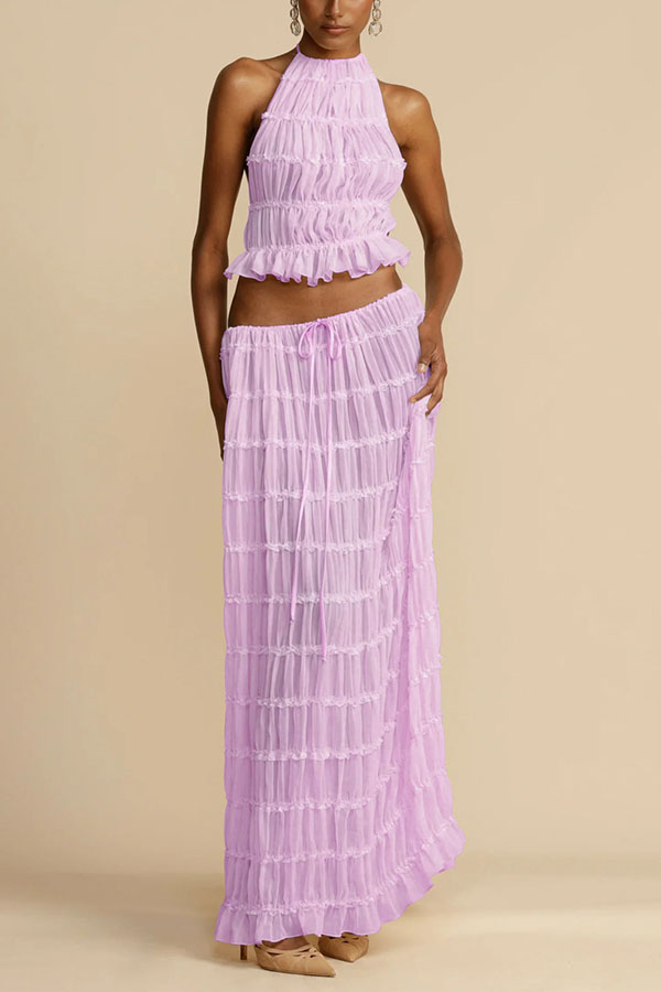 Versatile retro charm pleated drawstring waistline long skirt set