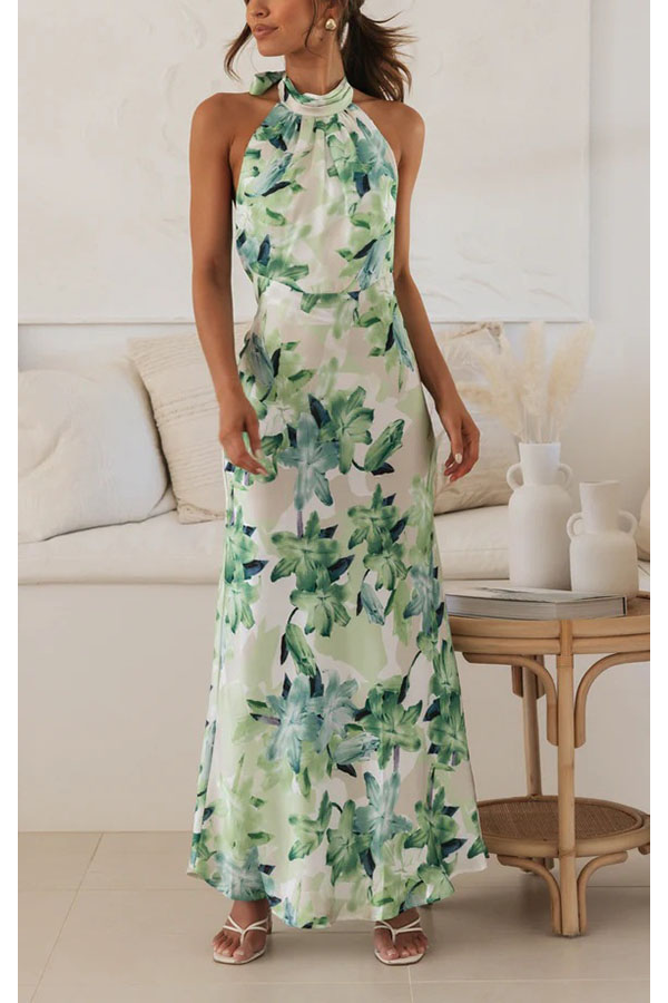 Happier Now Satin Floral Halter Maxi Dress