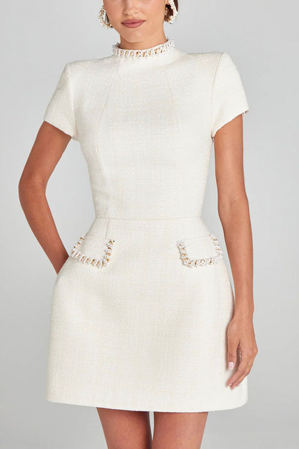 Exquisite and Playful Tweed Fabric Pearl Trim Short Sleeve Pocketed Mini Dress