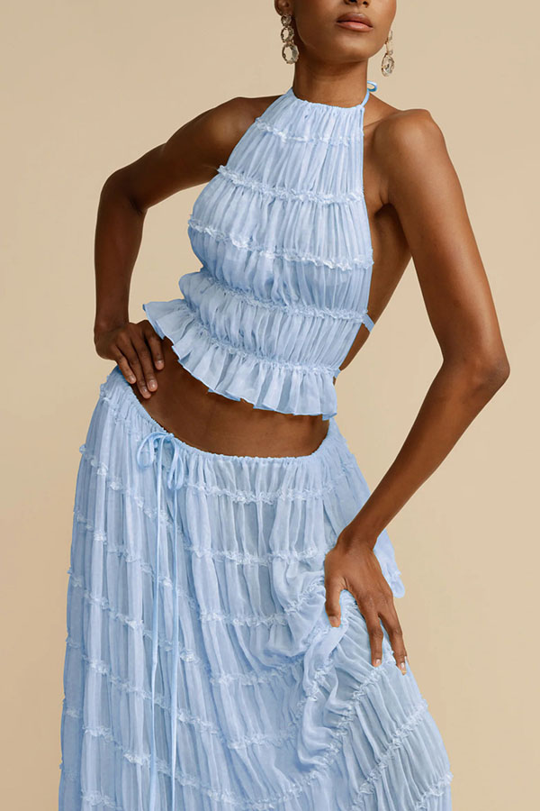 Versatile retro charm pleated drawstring waistline long skirt set