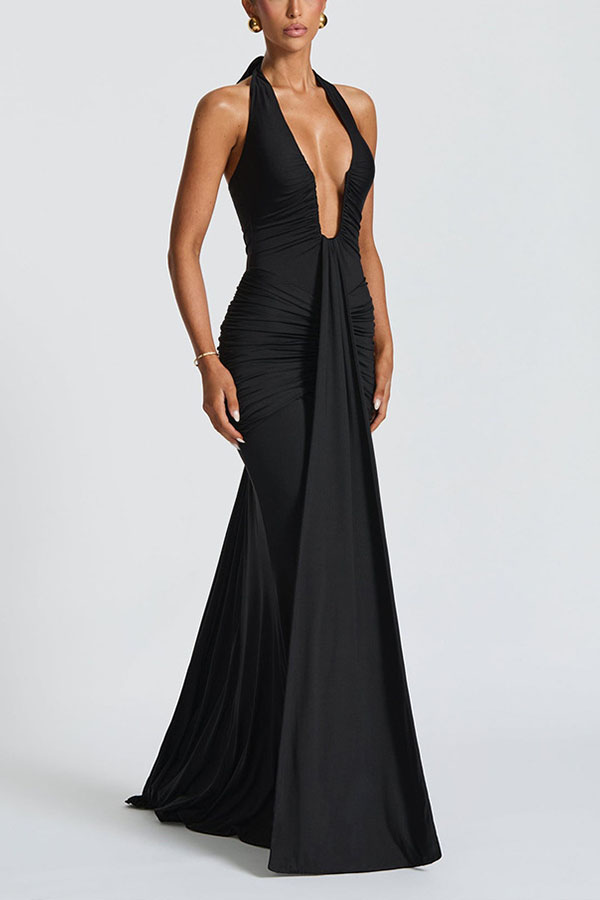 Solid Color Elegant Halterneck V-neck Open Back Tie Gathered Maxi Dress
