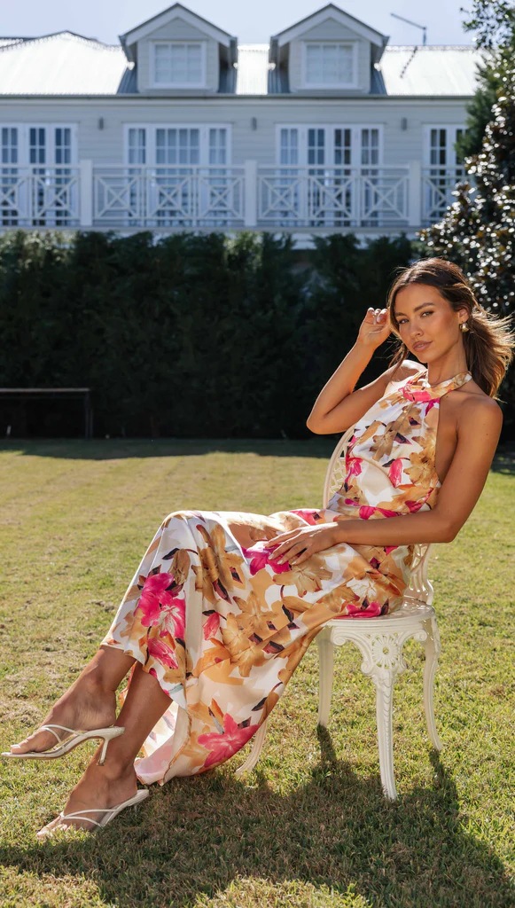Happier Now Satin Floral Halter Maxi Dress