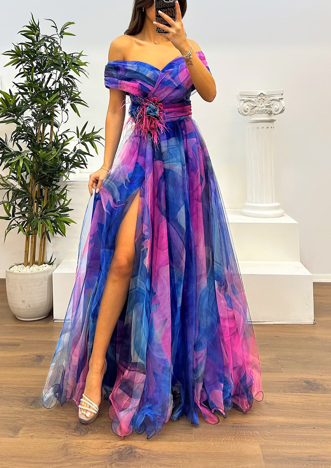 Fairy Flower Feather Pendant Elegant Fallen Fold Off Shoulder Party Split Design Long Dress