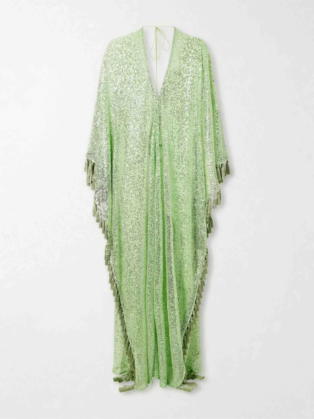 Gianna Sequin Deep V-neck Batwing Sleeve Fringed Trim Slit Gown Maxi Dress