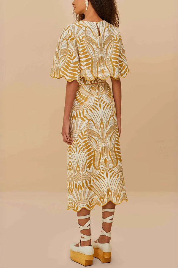 Korra Linen Blend Unique Print Wave Trim Bell Sleeve Top and Elastic Waist Pocket Midi Skirt Set