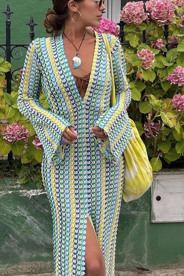 Eleanor Knit Colorful Wave Unique Print Shirt U-neck Long Sleeve Slit Maxi Dress