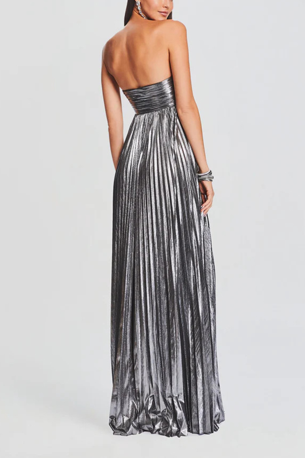Metallic Sexy Tube Top Pleated High Slit Maxi Dress