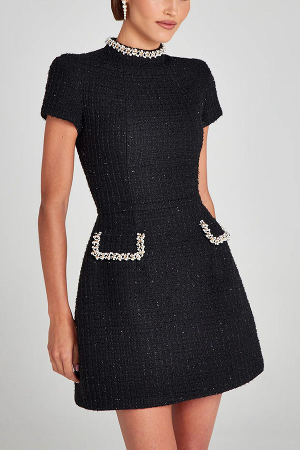 Exquisite and Playful Tweed Fabric Pearl Trim Short Sleeve Pocketed Mini Dress