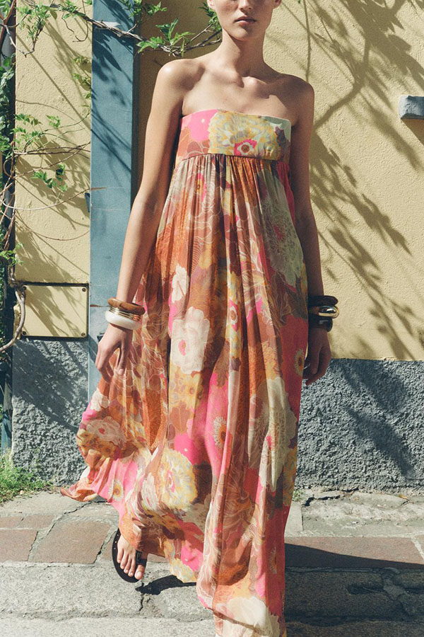 Shelia Ethnic Floral Print Off Shoulder A-line Maxi Dress