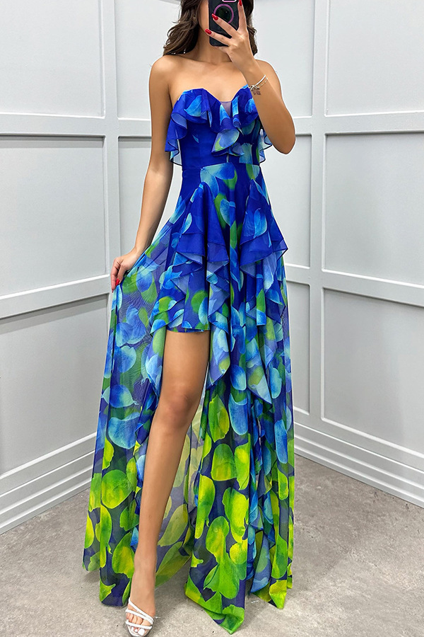 Fashionable party gradient unique printed flowing layered pleated strapless slim fit long skirt