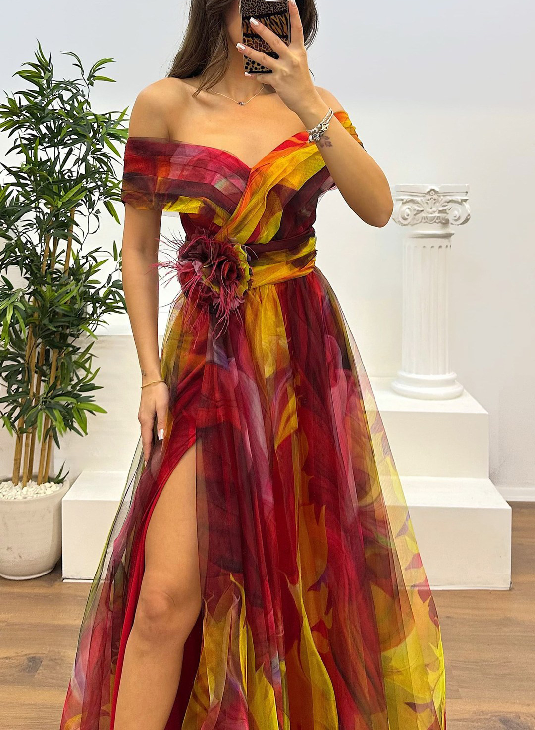 Fairy Flower Feather Pendant Elegant Fallen Fold Off Shoulder Party Split Design Long Dress