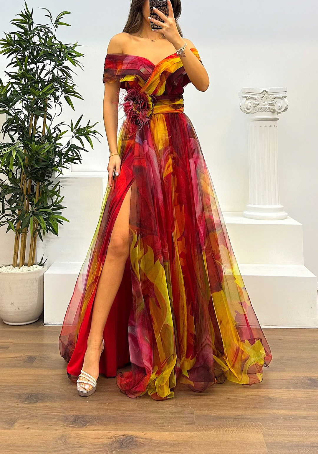 Fairy Flower Feather Pendant Elegant Fallen Fold Off Shoulder Party Split Design Long Dress