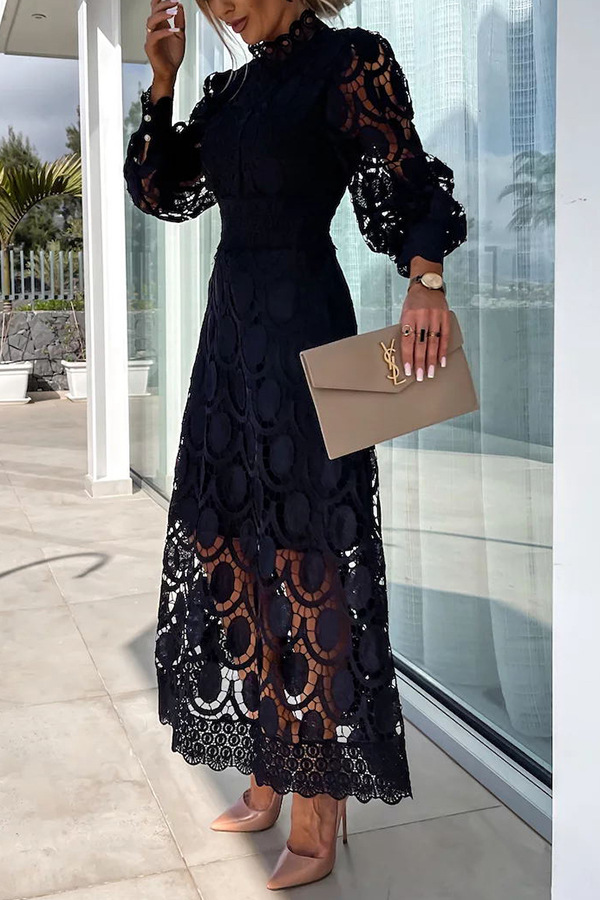 French party sensual party elegant crochet lace lantern sleeves party MIDI skirt