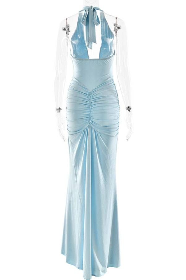Solid Color Elegant Halterneck V-neck Open Back Tie Gathered Maxi Dress