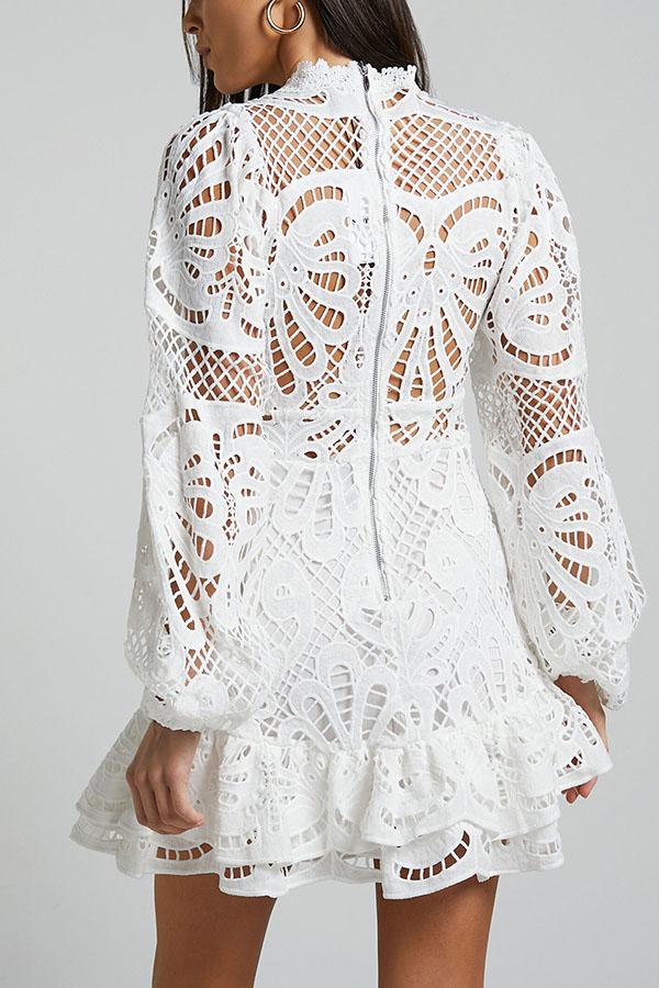 Solid Color Hollow Long-sleeved Waisted Lace Mini Dress