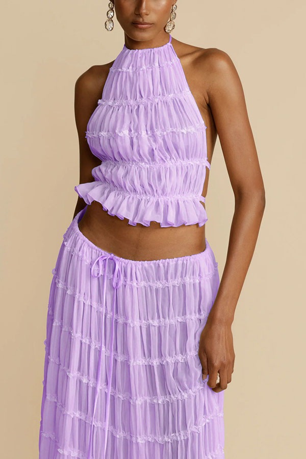Versatile retro charm pleated drawstring waistline long skirt set