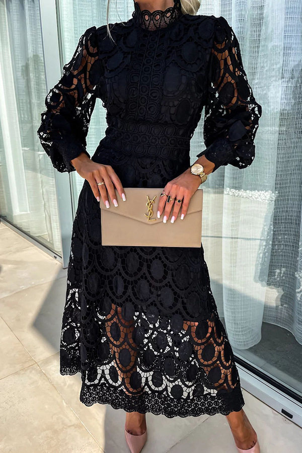 French party sensual party elegant crochet lace lantern sleeves party MIDI skirt