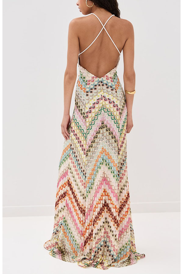 Missoni Summer Knit Colorful Herringbone Print Open Beck Maxi Dress