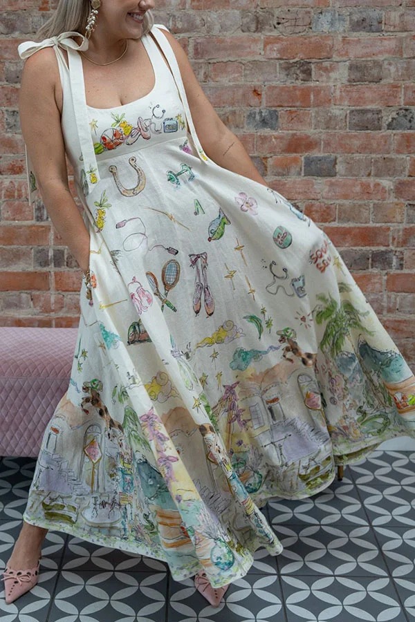Euro Summer View Linen Blend Unique Print Tie-up Straps Pocket Midi Dress