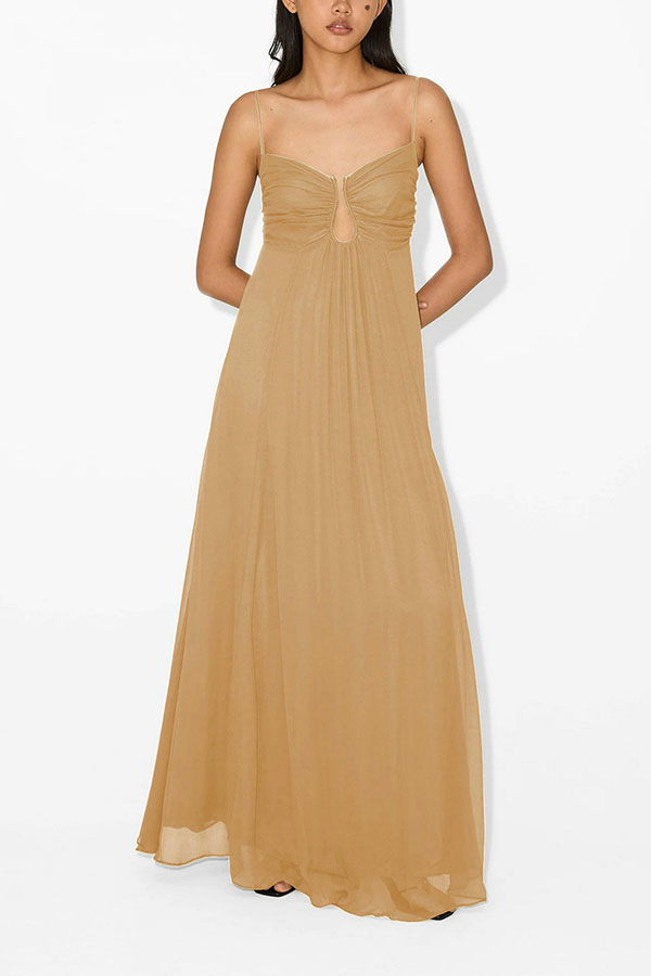 Soft and Elegant Metal Hollow Design Back Smocked A-line Slip Maxi Dress