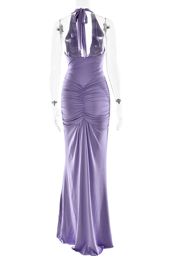 Solid Color Elegant Halterneck V-neck Open Back Tie Gathered Maxi Dress