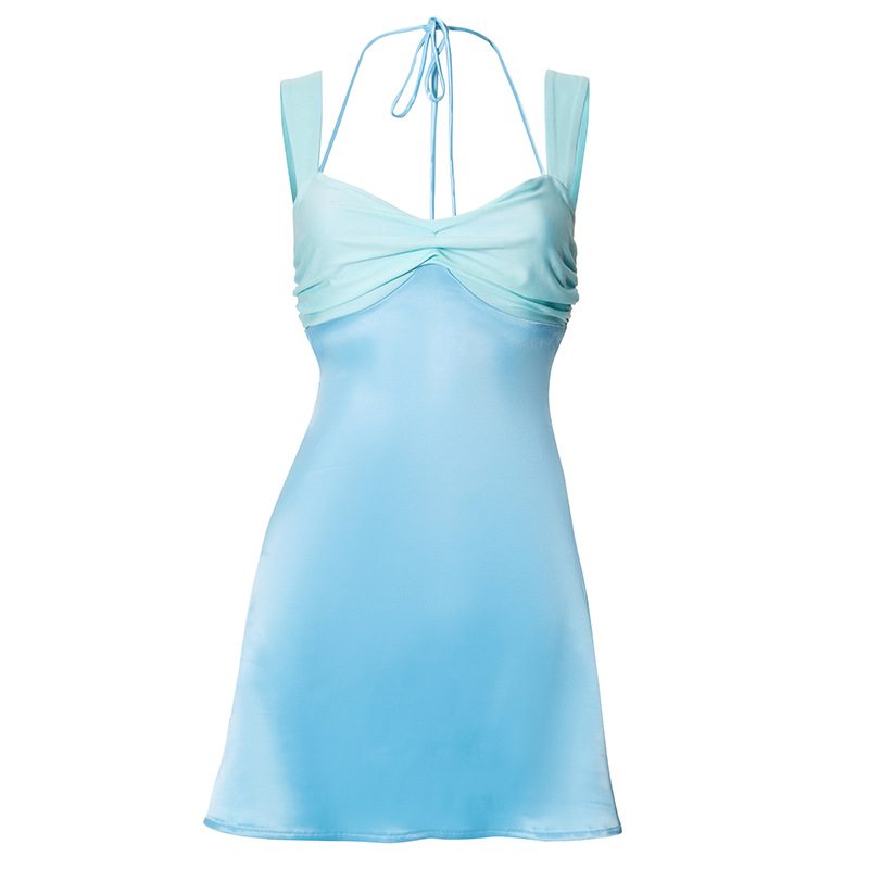 Splicing sleeveless sexy mini women's long robe satin strapless backless lace up high waisted A-line party dress