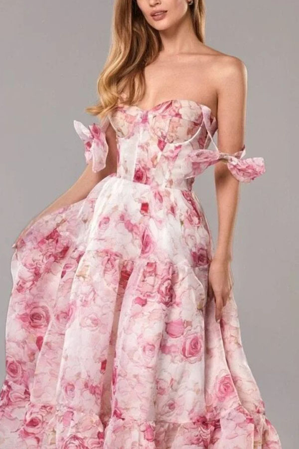 Fairytale Itself Organza Floral Print Tie Strap Maxi Dress