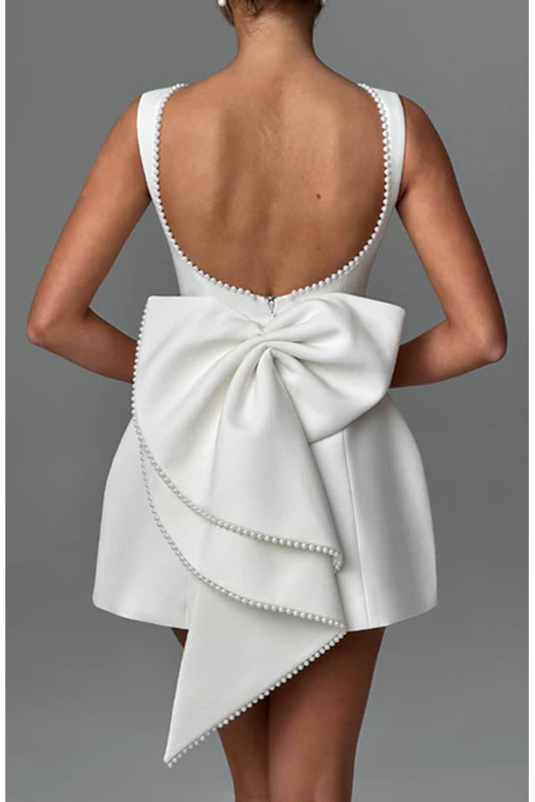 Stylish Pearl-embellished Large Bow Slim-fit Mini Dress