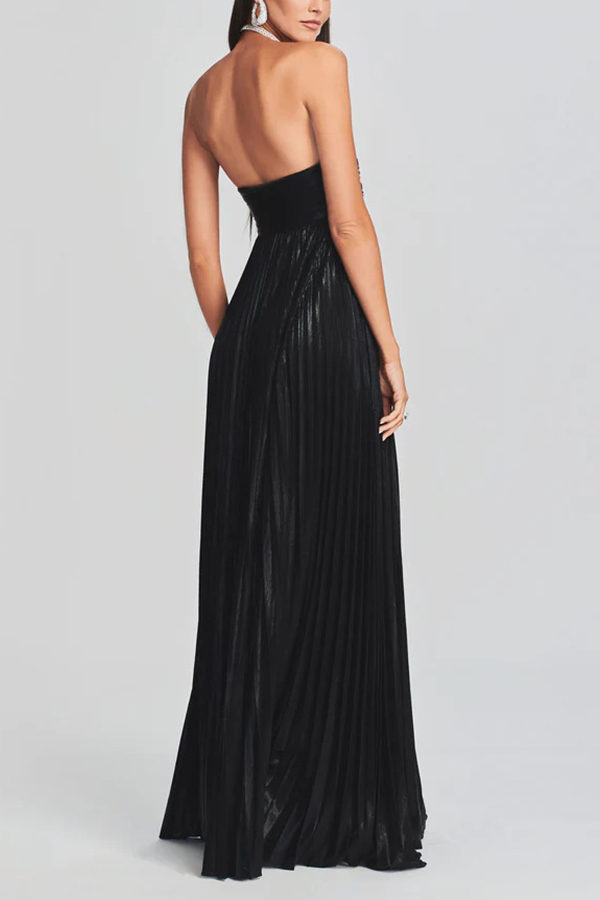 Metallic Sexy Tube Top Pleated High Slit Maxi Dress