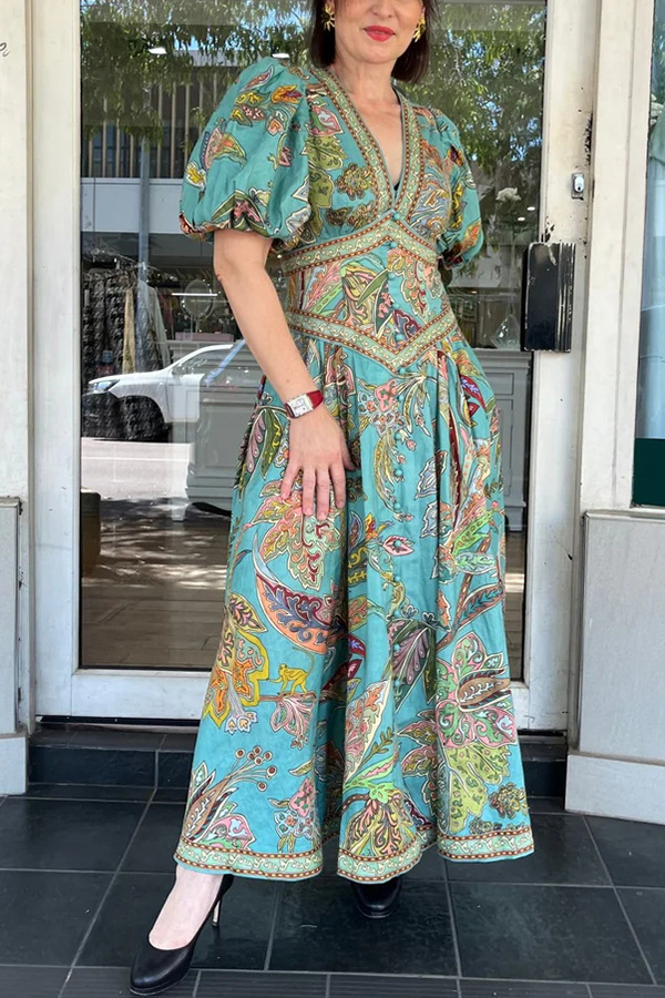 Chic Vacation Linen Blend Unique Print Button Puff Sleeve Pocket Maxi Dress