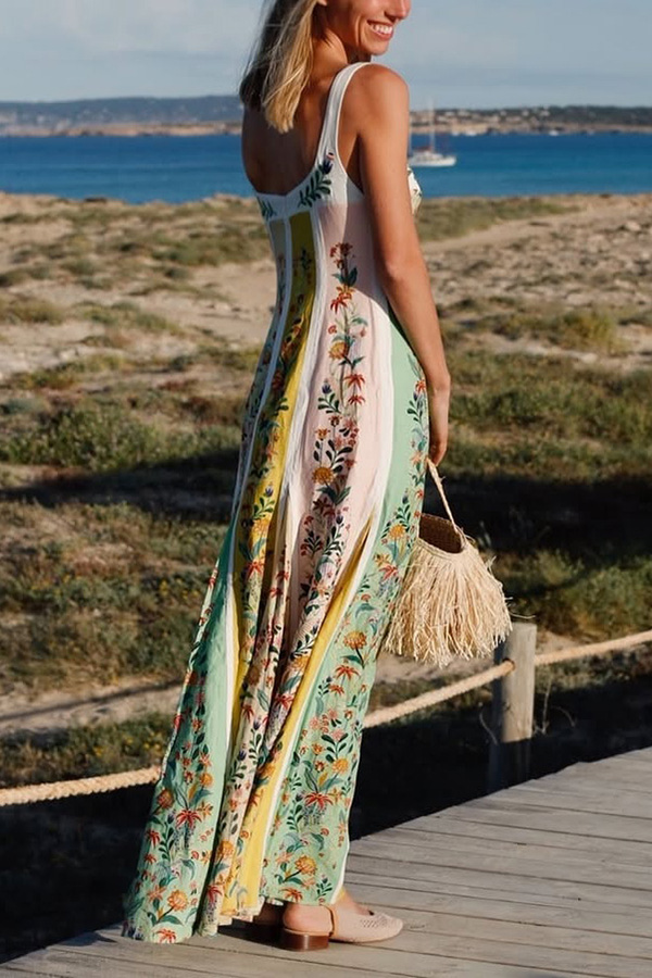 Sweet Garden Linen Blend Color Block Floral Paneled Maxi Dress