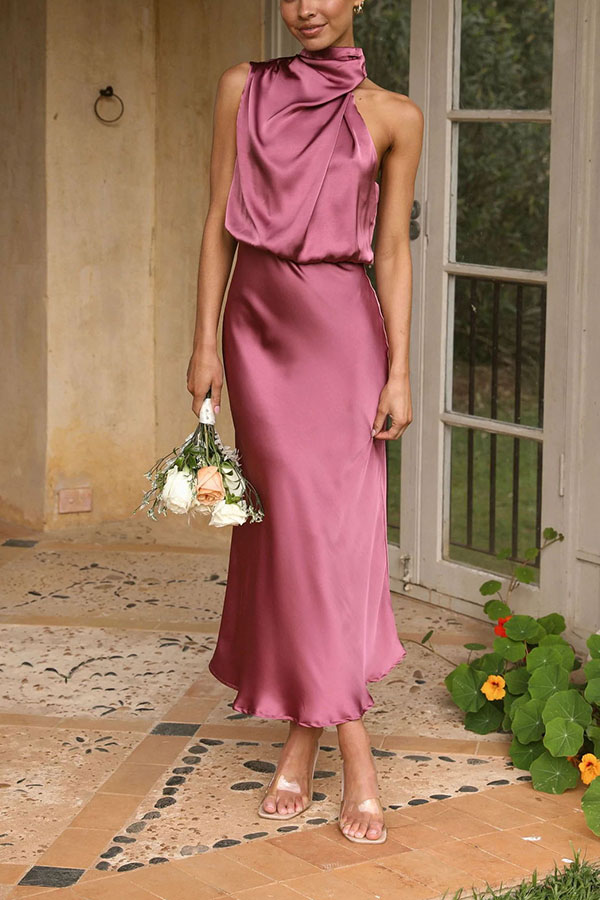 Classic on You Satin High Cowl Neck Top and Elastic Waist Pocket Loose Pants Set