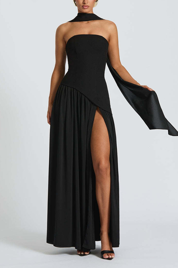 Elegant Off Shopulder Chiffon Pleated Hem Scarf Slit Maxi Dress