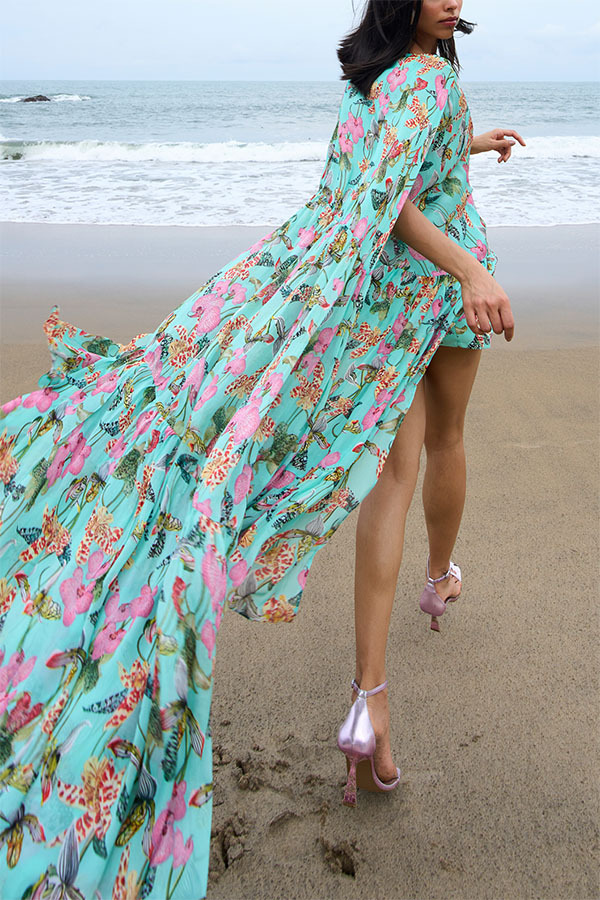 Garden Party Contrast Floral Print High Low Cape Maxi Dress