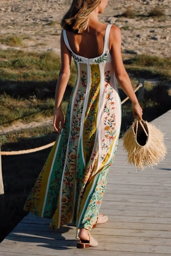 Sweet Garden Linen Blend Color Block Floral Paneled Maxi Dress